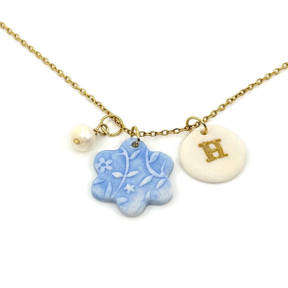 Cherry Blossom Flower Porcelain Charm in Light Blue