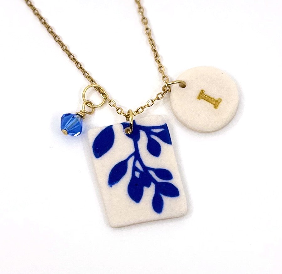 Rectangle Willow Vine Porcelain Charm in Cobalt