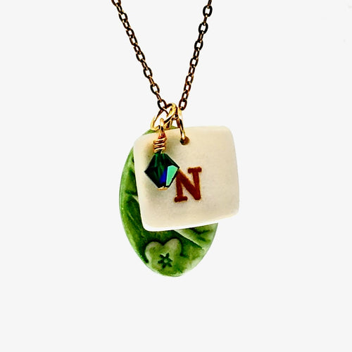 Cherry Blossom Oval Porcelain Charm in Mid Green