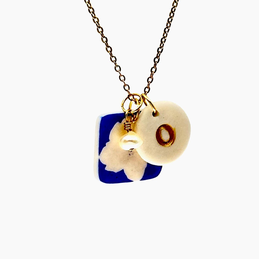 Square Hydrangea Porcelain Charm in Cobalt