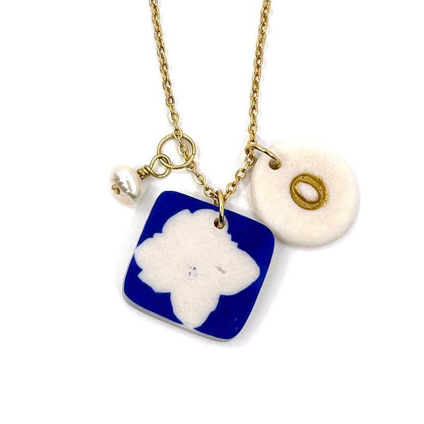 Square Hydrangea Porcelain Charm in Cobalt