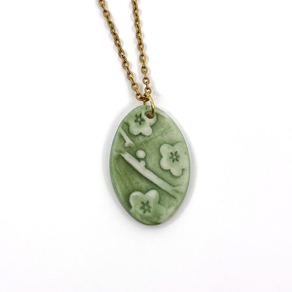 Cherry Blossom Oval Porcelain Charm in Mid Green