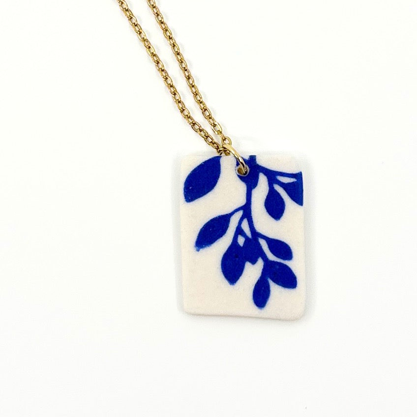 Rectangle Willow Vine Porcelain Charm in Cobalt
